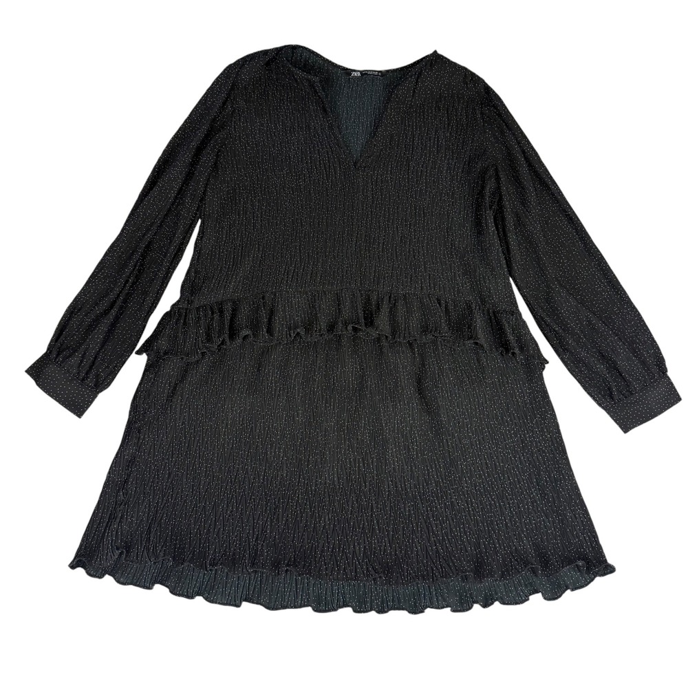 Zara Womens Black White Polka Dot Plisse Ruffle Tiered Mini Dress Size M - Picture 8 of 9
